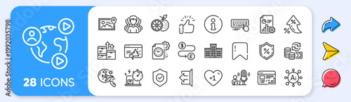 Report, Search flight and Photo location line icons. Interest rate, AI generate, Inflation icons. Pack of Seo marketing, Security shield, Change money icon. Vector