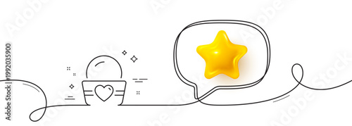Ice cream cup line icon. Continuous line with 3d star. Vanilla sundae sign. Frozen summer dessert symbol. 3d star in speech bubble. Ice cream single line ribbon. Loop curve pattern. Vector