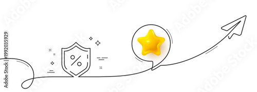 Loan percent line icon. Continuous line with share plane. Protection shield sign. Credit percentage symbol. 3d star in speech bubble. Loan percent single line ribbon. Loop curve pattern. Vector