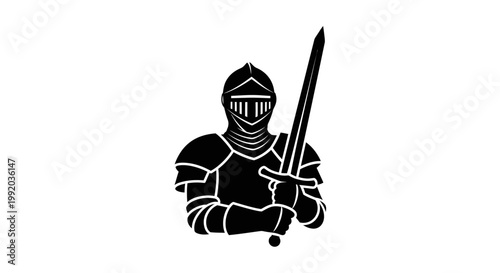 Medieval Knight in Armor Holding Sword.