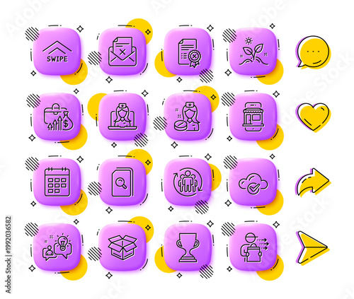Grow plant, Award cup and Cloud computing line icons. App 3d buttons. Social media comment, share, like icons. Pack of Telemedicine, Salary, Marketplace icon. Vector