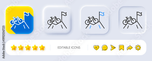 Mountain bike line icon. Neumorphic, Flat shadow, 3d buttons. Outdoor bicycle transport sign. Sport activity symbol. Line mountain bike icon. Social media icons. Vector