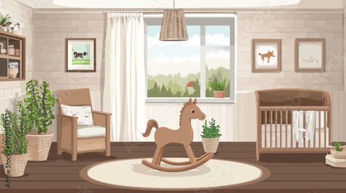 Softly lit, stylized interior of a nursery, with a rocking horse and crib
