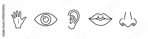 Five Human Senses Line Icons, Editable Stroke Outline Set with Hand, Eye, Ear, Nose and Mouth Vector