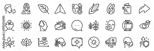 Organic tested, Face declined and No sun line icons pack. Share, Message, Paper plane icons. Nurse, Stress, Check eye web icon. Medical chat, Toilet paper, Coronavirus pictogram. Vector