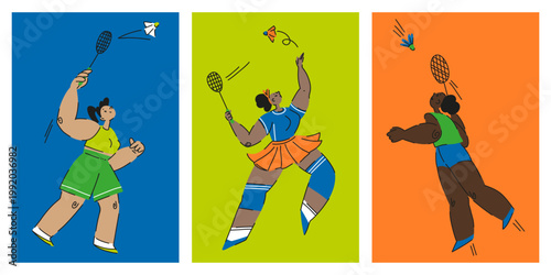 A set of posters featuring dark-skinned female athletes playing badminton, girls in sportswear with rackets and shuttlecocks in a limited palette