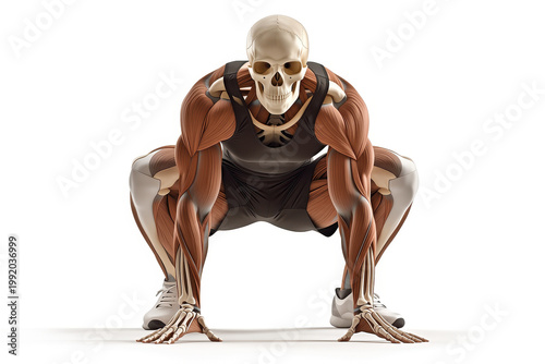 Muscular human anatomy model crouching in ready stance, showing detailed muscle structure, skeleton, athletic build, fitness concept, isolated on white background