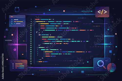 Abstract Vector Illustration of Vibrant Programming Code on a Dark Screen, Featuring Syntax Highlighting, UI Elements, and Data Analysis Icons for Software Development and Web Engineering