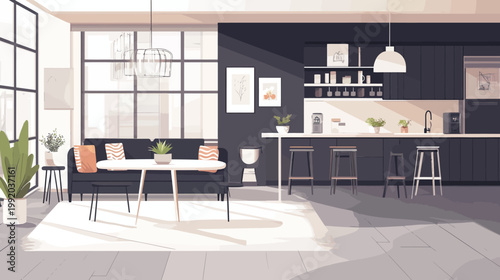 Modern open-plan apartment interior with a sofa, kitchen island, and large windows. Warm lighting