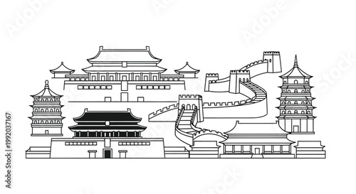 A black and white illustration of the Great Wall of China and its watchtowers