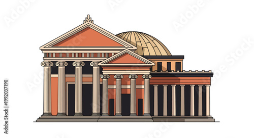 An illustration of a classic ancient building with columns and a dome
