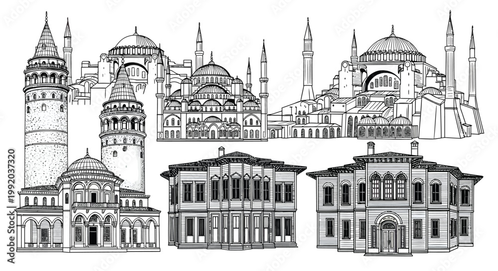 Obraz premium A black and white illustration of historic buildings and mosques with domes and minarets