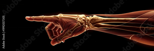 Human hand skeleton pointing finger laser focus anatomy bone structure muscle medical isolated black background detailed