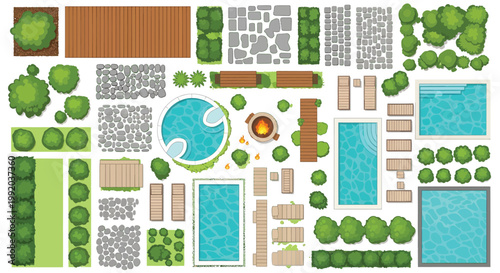 A vibrant and serene backyard pool area with various landscaping elements and furniture