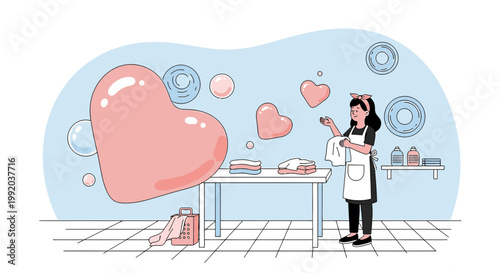 Woman doing laundry with abstract heart shapes floating in the air