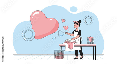 Woman doing laundry with hearts floating, symbolizing love and care in domestic chores