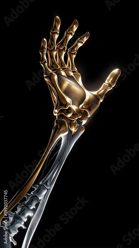 Metallic hand reaching one hand human skeleton futuristic gold silver anatomy black background metallic hand reaches upward blending gold and silver tones with futuristic skeletal design