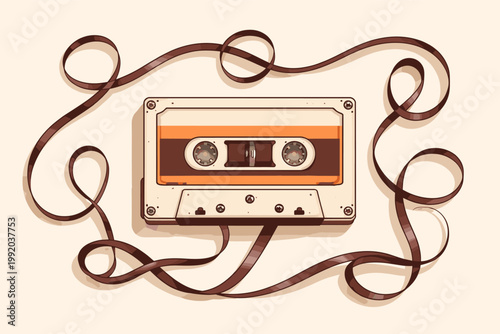 Retro Vintage Cassette Tape Illustration with Tangled Magnetic Tape Swirls on a Clean Background, Nostalgic 80s and 90s Music Analog Audio Recording Media Flat Lay Vector Graphic Art