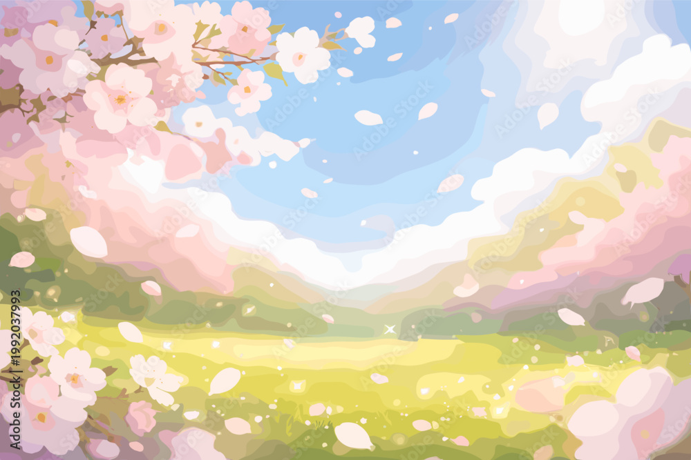 Obraz premium Beautiful spring landscape with cherry blossoms and flying petals under a sunny blue sky with white clouds. Unfocused bokeh background with pink sakura flowers and green grass field in sunlight.
