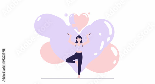 Woman doing yoga tree pose with abstract pastel heart shapes background