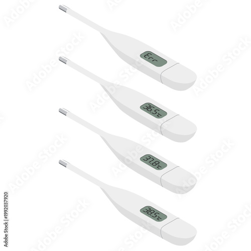 平熱・微熱・高熱・エラーの体温計セット　アイソメトリック