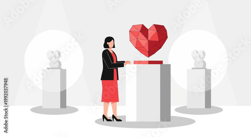 Woman Admiring Geometric Heart Sculpture in Modern Art Gallery