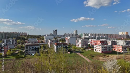 Aerial view of residential neighborhood buildings before drone crash in Prague