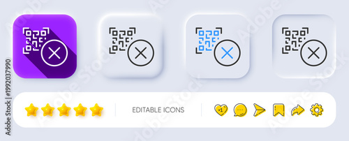 No QR code line icon. Neumorphic, Flat shadow, 3d buttons. Scan barcode sign. Stop or cancel certificate symbol. Line qr code icon. Social media icons. Vector