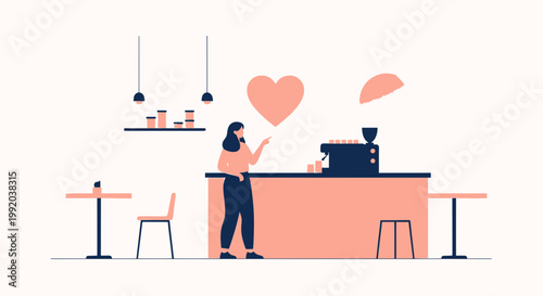 Woman Enjoying Coffee at Minimalist Cafe with Heart Symbol