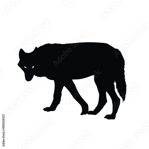 Silhouette of a wolf with glowing eyes looking to the left on a white background