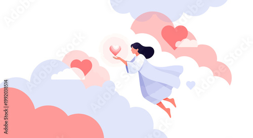 Woman Floating in Clouds Holding a Glowing Heart, Love and Spirituality Concept