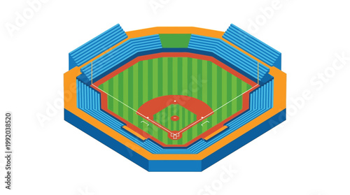 Isometric baseball field illustration with empty stadium seats and green grass