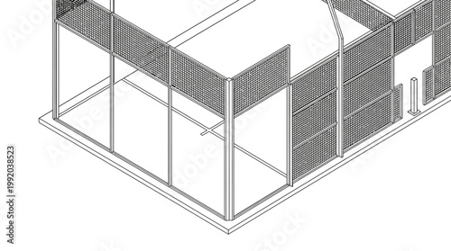 Isometric architectural diagram of a modern building with glass and metal panels