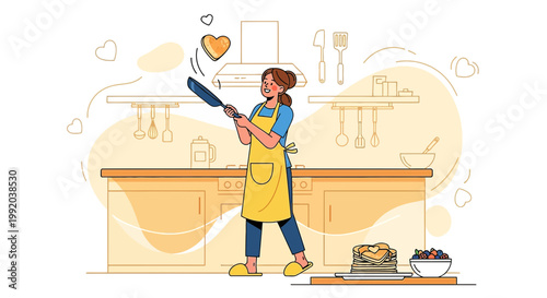 Woman Flipping Pancake in Kitchen, Heart Shape, Breakfast Cooking, Happy Home Life