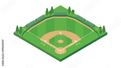 Isometric baseball field illustration green grass beige dirt trees seats daylight