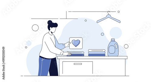 Woman folding laundry with heart icon, laundry detergent, and hanger in a modern home setting.