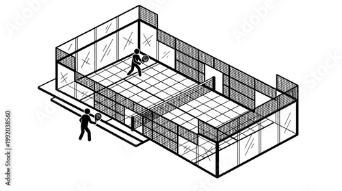 Isometric view of two people playing racquetball in an indoor court setting