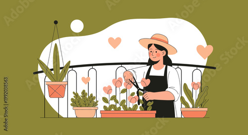Woman gardening on balcony, tending to potted plants with scissors, surrounded by hearts