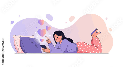 Woman Browsing Smartphone with Love Hearts Floating Up, Online Dating Concept