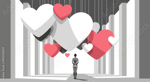 Woman Gazes Up at Floating Hearts in Abstract Geometric Hallway