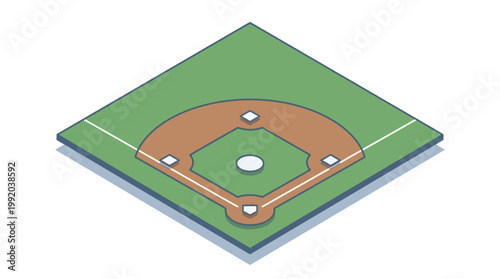 Isometric baseball field illustration green grass brown infield diamond design