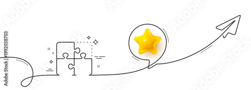 Puzzle line icon. Continuous line with share plane. Engineering strategy sign. 3d star in speech bubble. Puzzle single line ribbon. Loop curve pattern. Vector