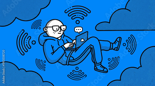 Man floating on clouds with laptop illustrating wireless internet access