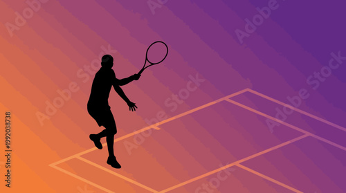 Tennis player silhouette hitting ball on court against gradient background