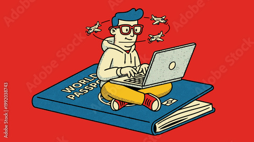 Young adult using laptop on passport with circling airplanes against a red backdrop