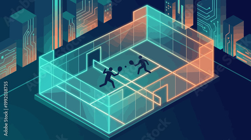 Abstract illustration of two people playing squash inside an illuminated digital court