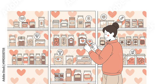 Woman Choosing Jars from Shelves with Heart Decorations, Online Shopping Concept