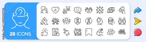 People chatting, Teamwork and Cyber attack line icons. Interest rate, AI generate, Inflation icons. Pack of Smile chat, Cursor, Strong arm icon. Intestine, Security app, Stress pictogram. Vector