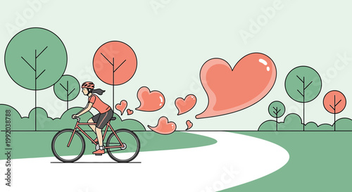 Woman cycling in park with abstract heart shapes, symbolizing love and well-being