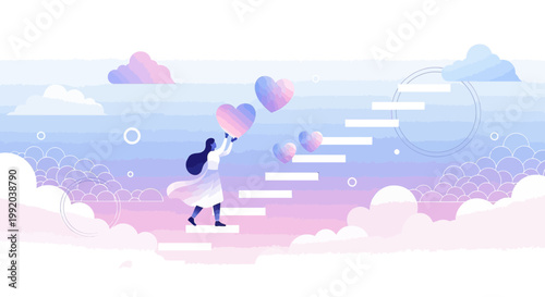 Woman climbing stairs holding hearts, symbolizing love, dreams, and aspirations in a pastel sky.